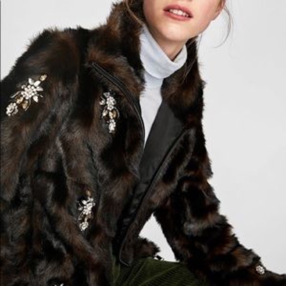 Zara jeweled faux fur jacket